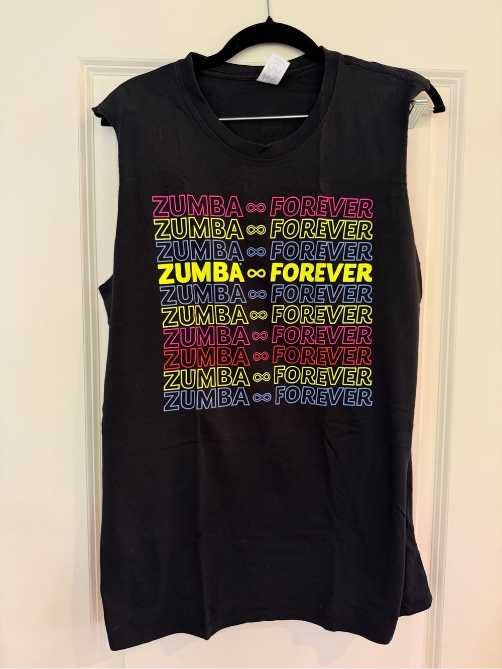 Zumba Fitness Black Muscle Tee with Neon Multi-Color "ZUMBA ∞ FOREVER" Print